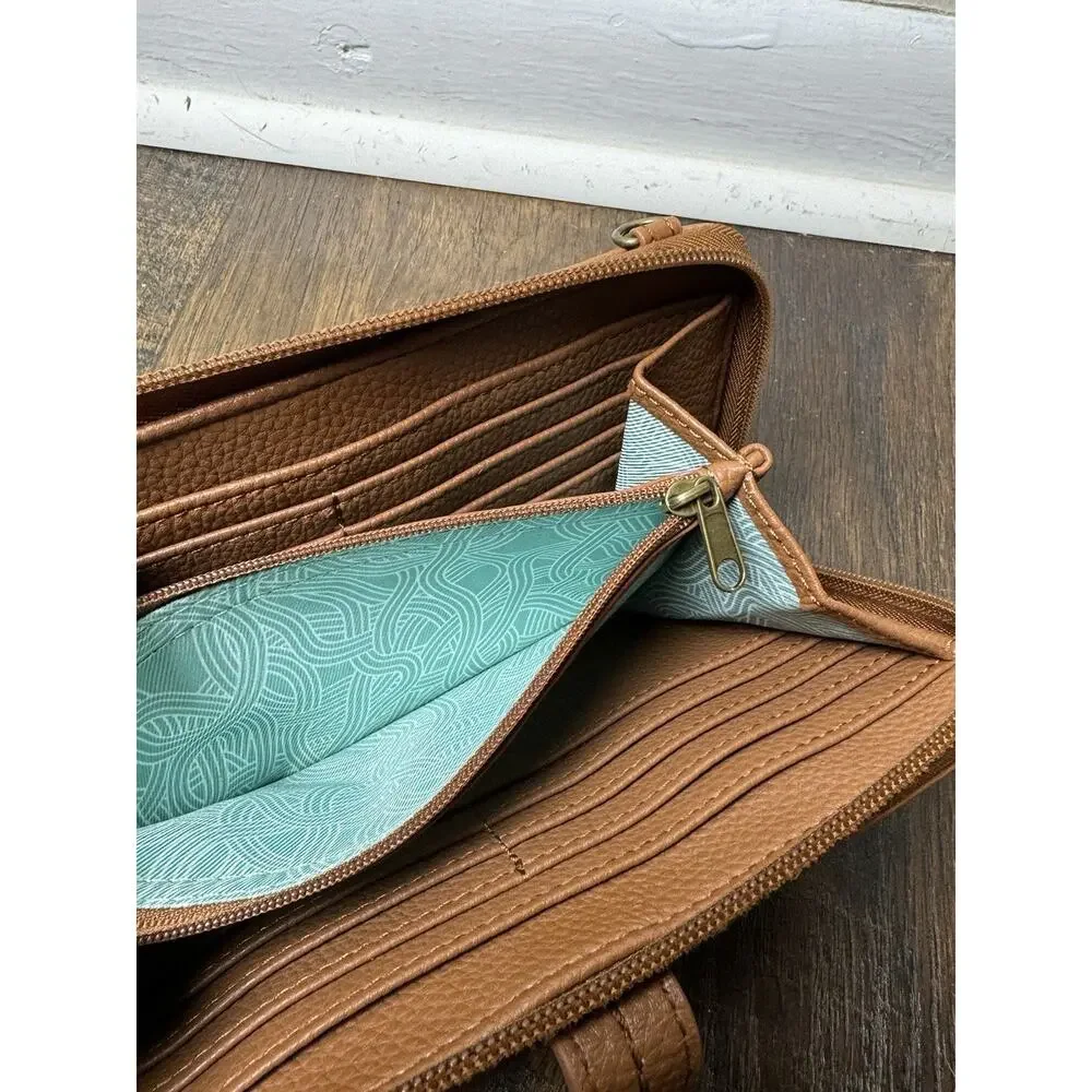 The Sak Iris Tobacco Leaf Phone Wallet Brown Tooled Leather Organizer Wristlet - Picture 6 of 13